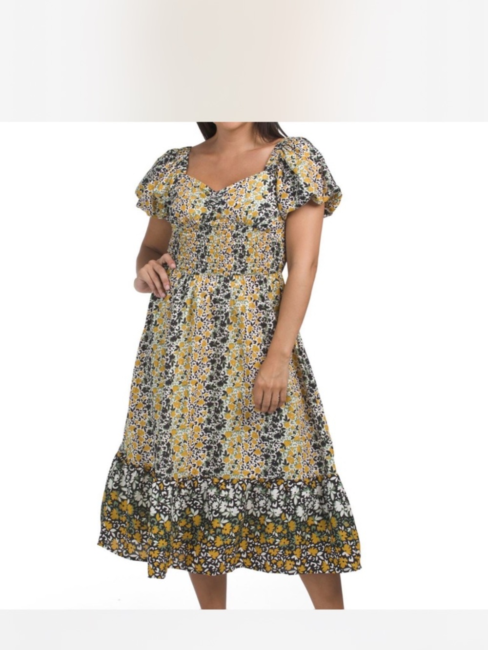 Yellow Floral Midi Dress with Puff Sleeves